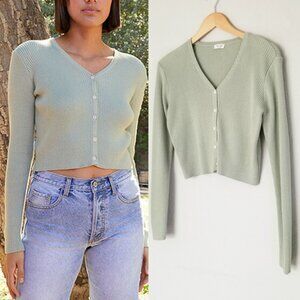 Brandy Melville John Galt Shannon Cardigan Sage Green Rib Knit Crop Button Front